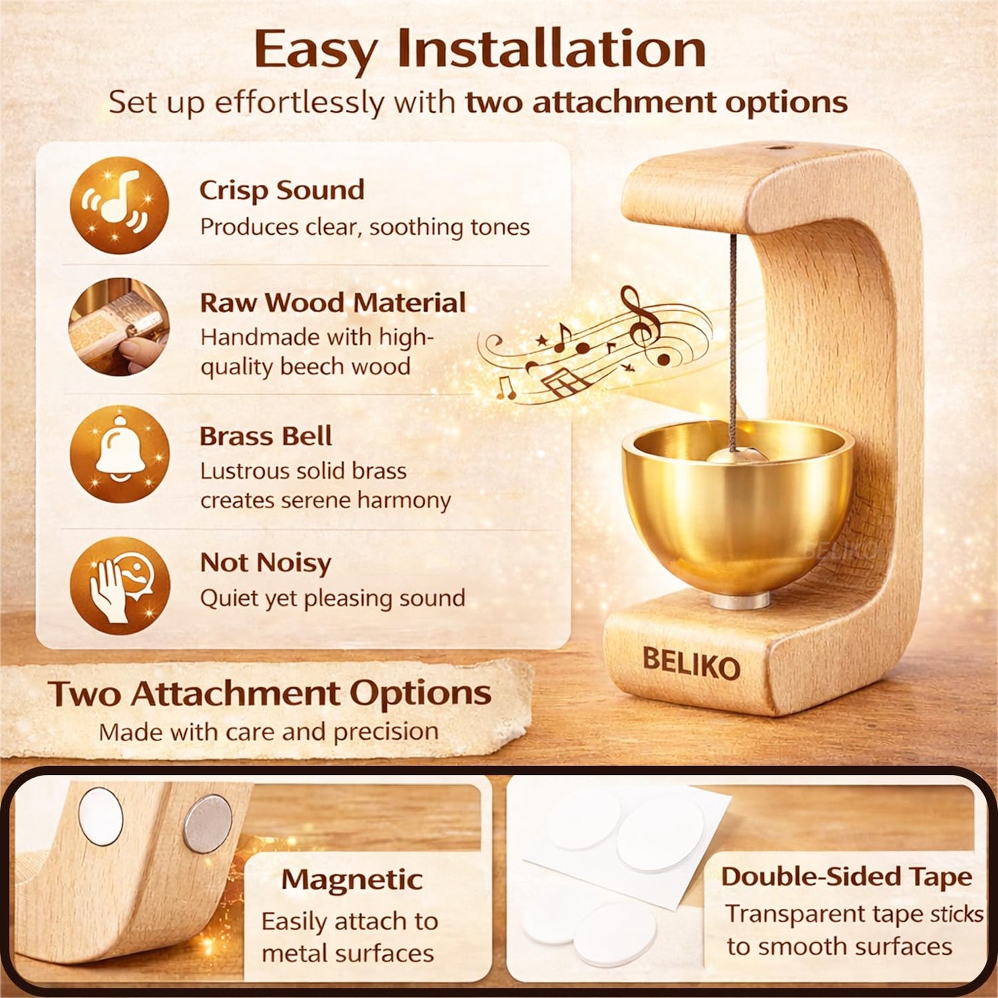 Beliko Magnetic Wooden Door Chime with Brass Bell
