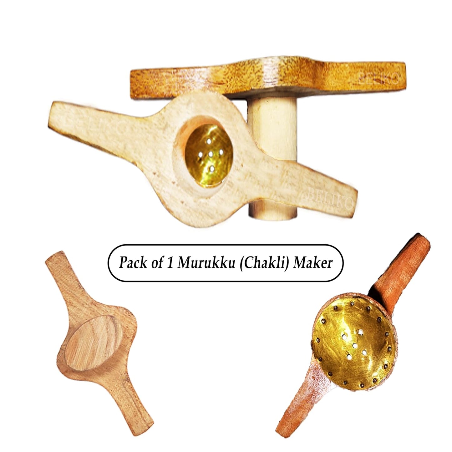 Handmade Wooden Kitchen Press Maker - Wood Murukku Maker - Kitchen Tool - Chakli Maker with Brass Bottom Sheet and 5 Holes