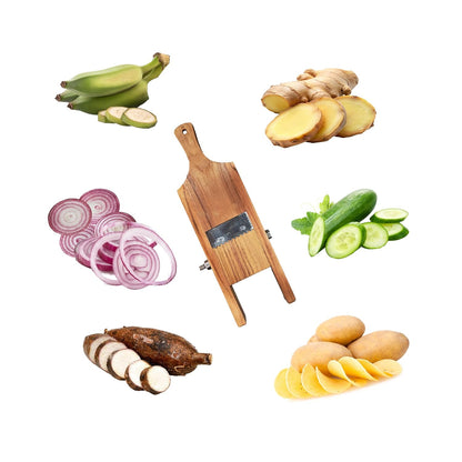 Multifunctional Wooden Mandoline Vegetable Slicer & Grater - Handheld Potato, Banana, Onion Chips Cutter with Stainless Steel Blade - Kitchen Slicer for Chips, Salad, Bajji (Teak Wood, 12-inch)