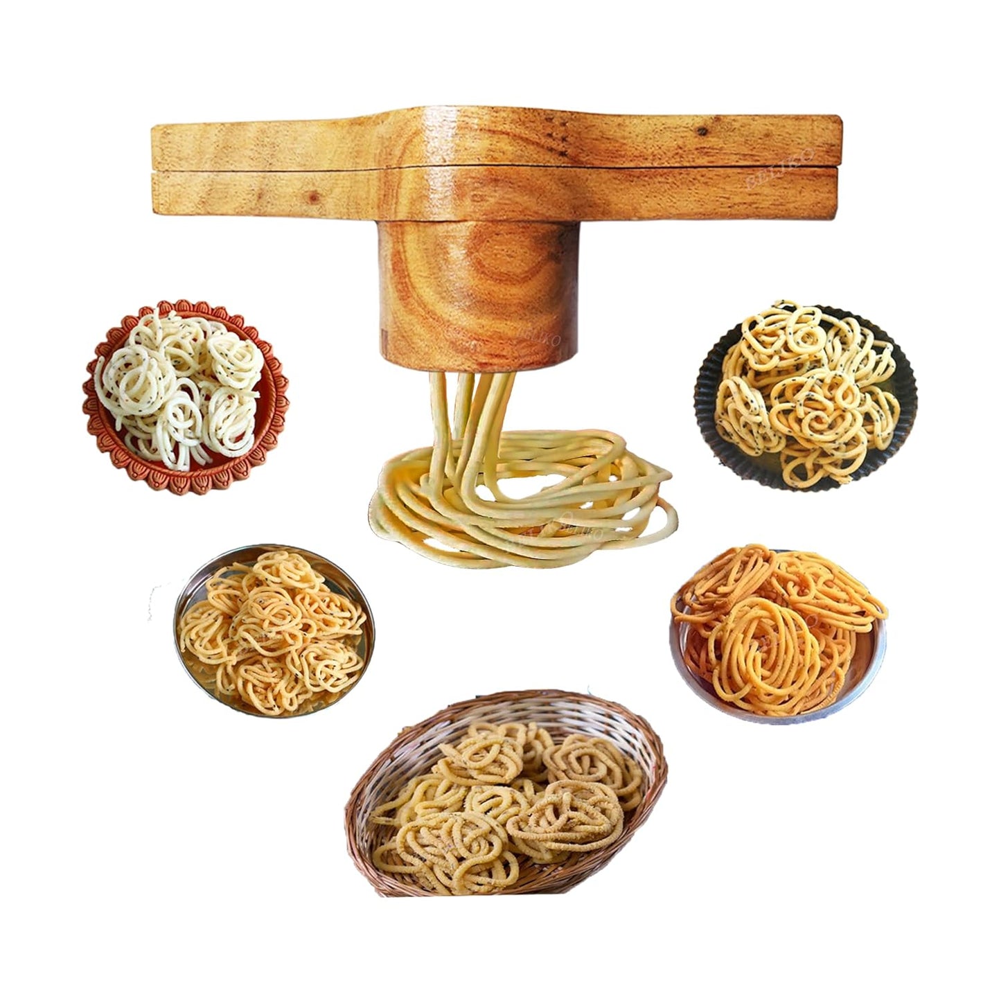 Handmade Wooden Kitchen Press - Murukku Maker With Aluminium Cladding Cup Inside - Chakli Maker With Brass Bottom Sheet and 5 Holes