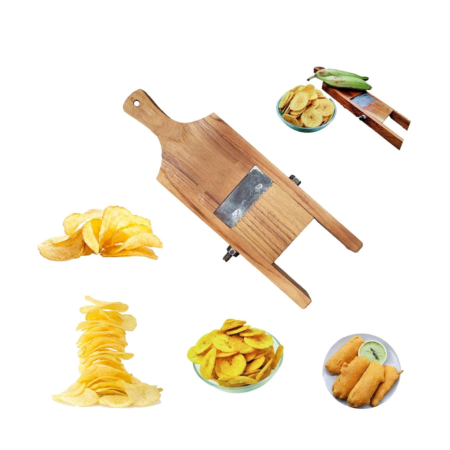 Multifunctional Wooden Mandoline Vegetable Slicer & Grater - Handheld Potato, Banana, Onion Chips Cutter with Stainless Steel Blade - Kitchen Slicer for Chips, Salad, Bajji (Teak Wood, 12-inch)