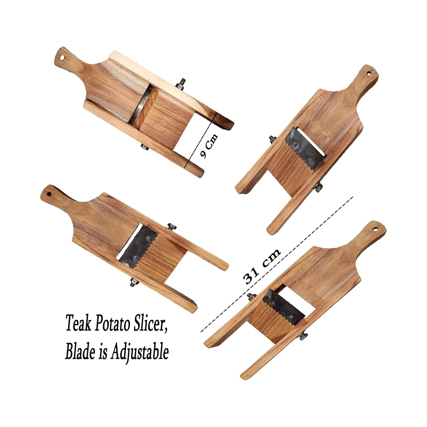 Multifunctional Wooden Mandoline Vegetable Slicer & Grater - Handheld Potato, Banana, Onion Chips Cutter with Stainless Steel Blade - Kitchen Slicer for Chips, Salad, Bajji (Teak Wood, 12-inch)