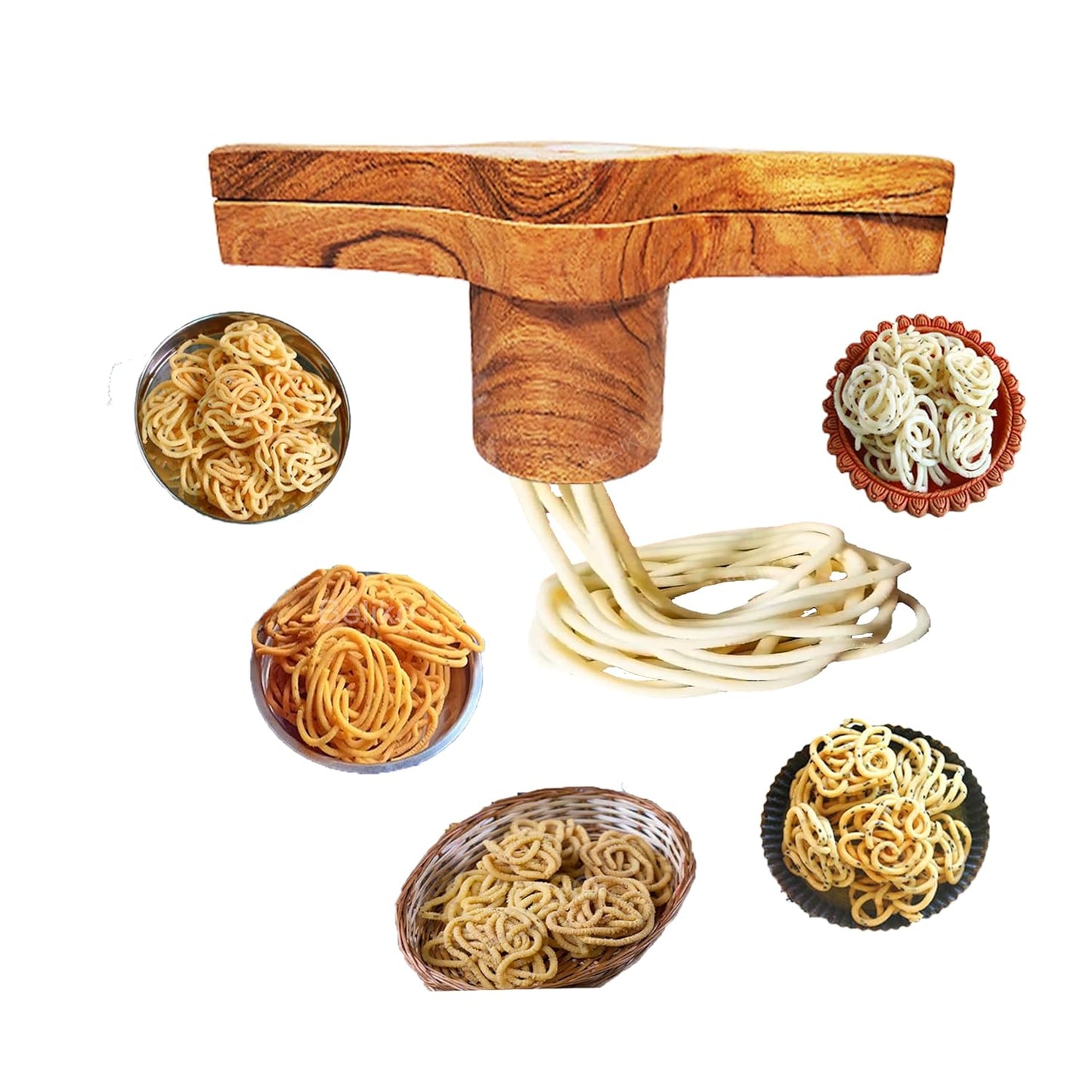 Handmade Wooden Kitchen Press Maker - Wood Murukku Maker - Kitchen Tool - Chakli Maker with Brass Bottom Sheet and 5 Holes